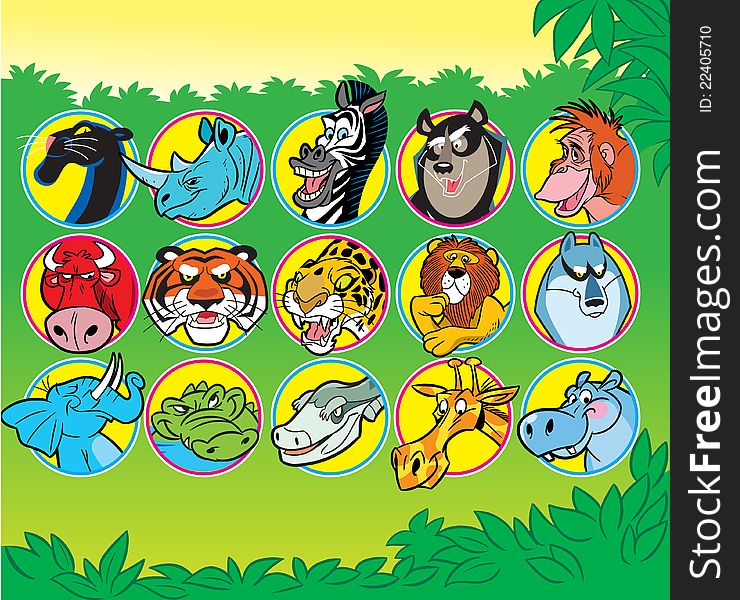 The illustration shows some species of animals of Africa. Illustration done in a cartoon stile. Each animal and background are made on separate layers. The illustration shows some species of animals of Africa. Illustration done in a cartoon stile. Each animal and background are made on separate layers.