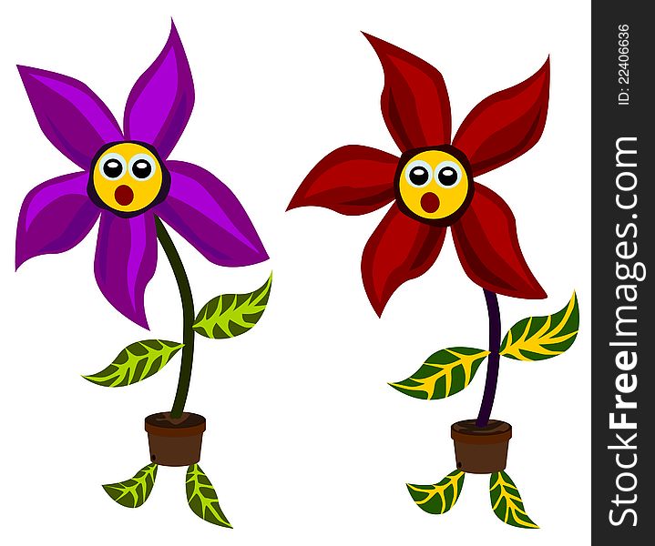 Two cute cartoon flowers dancing with their flower pots. Two cute cartoon flowers dancing with their flower pots