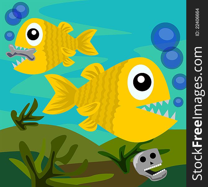 Illustration of two funny looking piranhas swimming. Illustration of two funny looking piranhas swimming