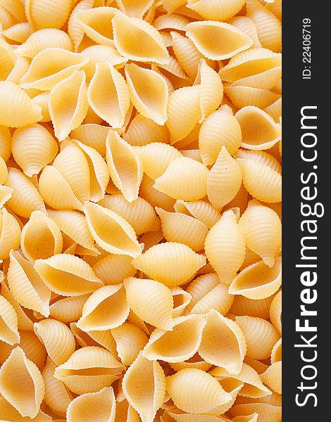 Conchiglie rigate raw pasta background. Conchiglie rigate raw pasta background