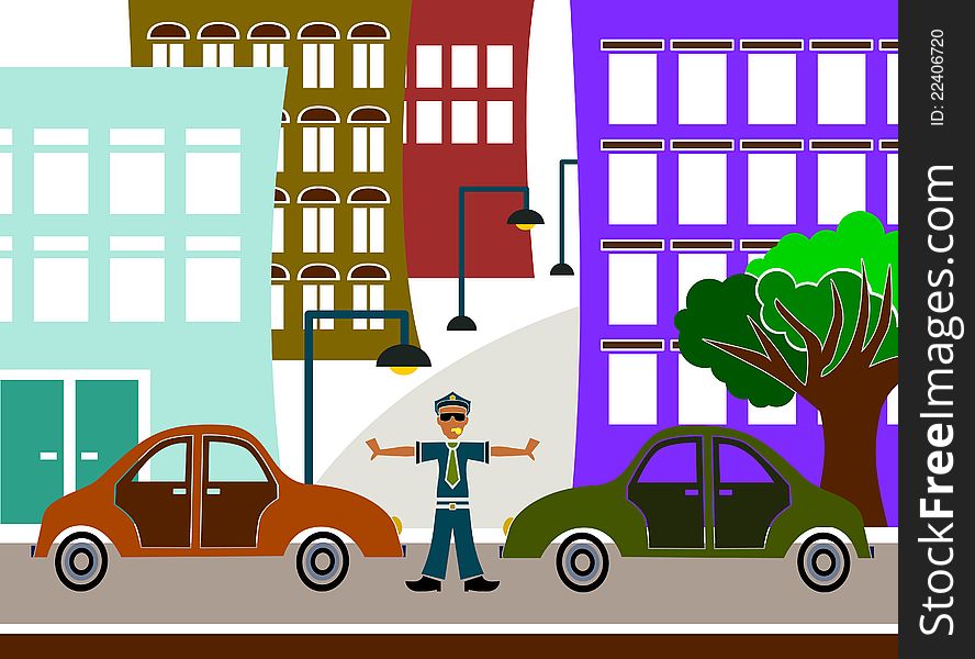A colorful abstract illustration of a traffic policeman stopping two cars