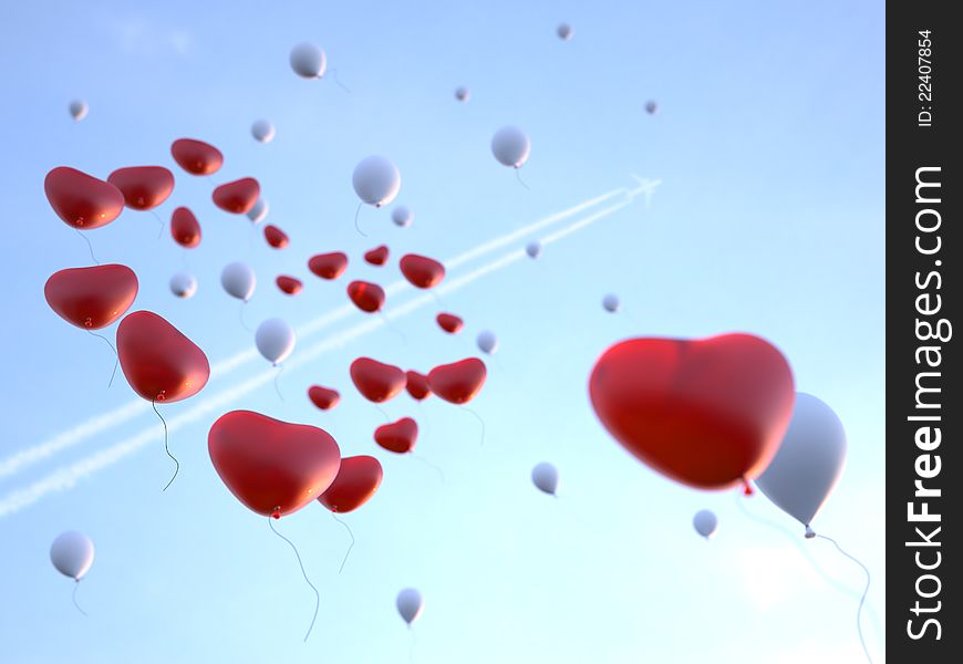 Soaring high in the sky red and white balloons in form of the heart. 3d render. Soaring high in the sky red and white balloons in form of the heart. 3d render.