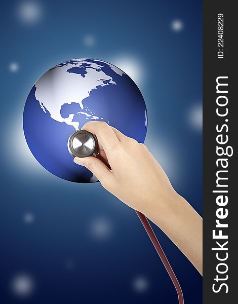 Human hand holding stethoscope diagnose the earth illustration photo. Human hand holding stethoscope diagnose the earth illustration photo.