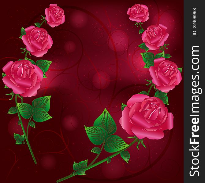Bright festive greeting card with red roses and decorative curls and stars for life events. Vector illustration. EPS 10. Bright festive greeting card with red roses and decorative curls and stars for life events. Vector illustration. EPS 10