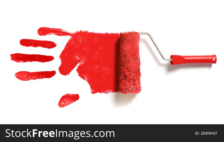 Paint roller brush with red right handprint. Paint roller brush with red right handprint