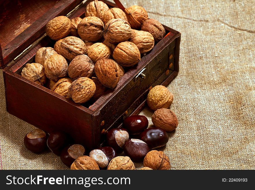 Chest with walnuts against sacking