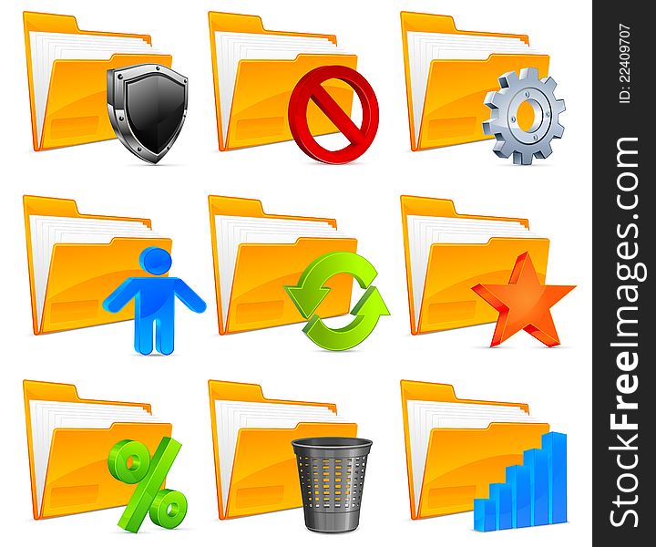 Nine folder icons with symbols, on white background vector illustration. Nine folder icons with symbols, on white background vector illustration