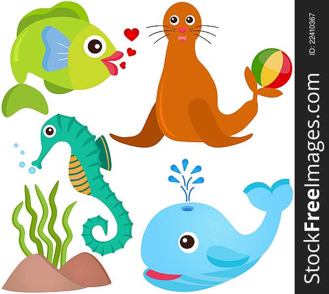 A colorful set of cute Animal Vector Icons: Fish, Sea life. A colorful set of cute Animal Vector Icons: Fish, Sea life