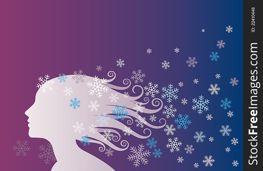 Vector illustration of a woman`s silhouette with a winter background
