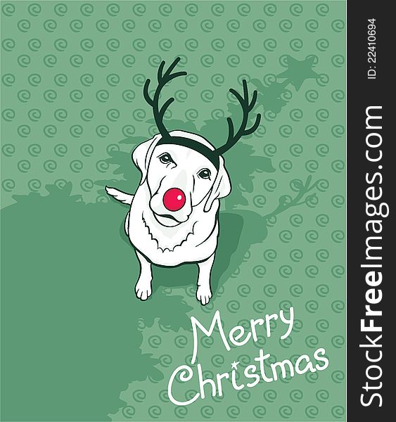 Christmas card. A dog with fake antlers and red nose. Christmas card. A dog with fake antlers and red nose