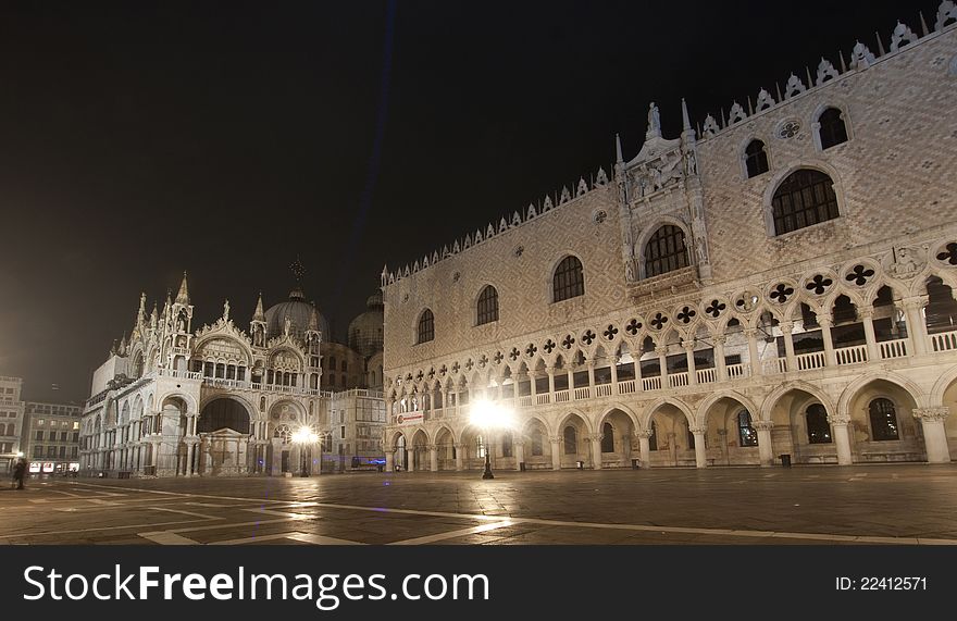 Piazza San Marco on foggy night, Venice, Italy