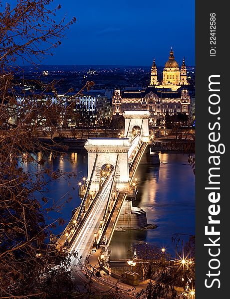 Budapest lookout at night with Chain Bridge