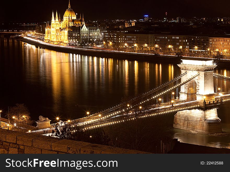 View of Chain Bridge and Hungarian Parliament