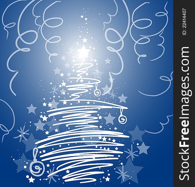 Vector illustration of beautiful stylized christmas white tree on blue starry background. Vector illustration of beautiful stylized christmas white tree on blue starry background