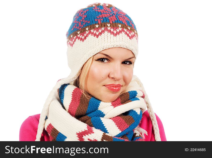 Lovely woman in winter clothing on white background