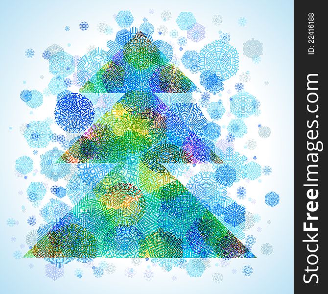 Christmas tree, snowflakes, abstract background, vector illustration