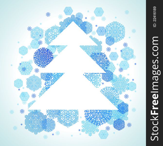Christmas tree, snowflakes, blue abstract background, vector illustration