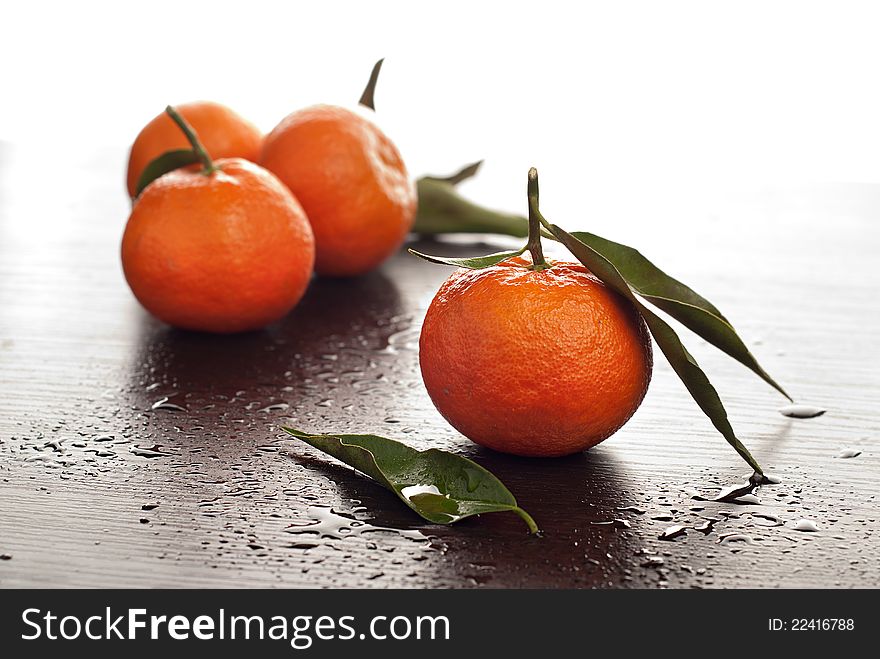 Tangerines with leaves on dark background