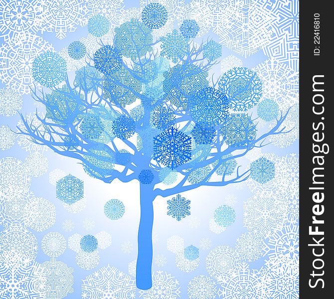 Blue snowflakes on the tree, abstract background, vector illustration