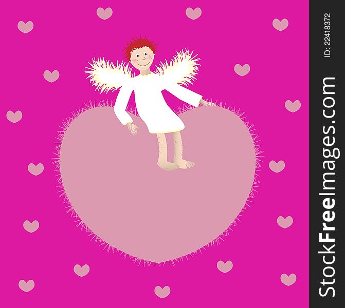 Angel and the heart on a pink background.