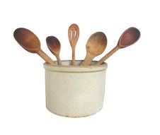 Vintage Crock With Wooden Spoons Isolated. Stock Images