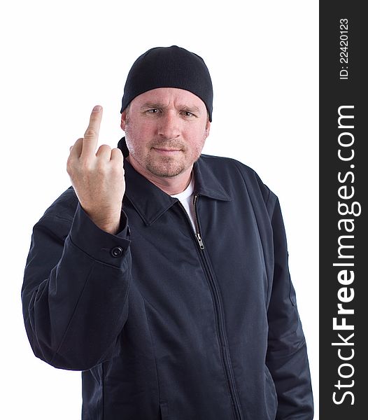 A man in a black coat holds up his middle finger. A man in a black coat holds up his middle finger