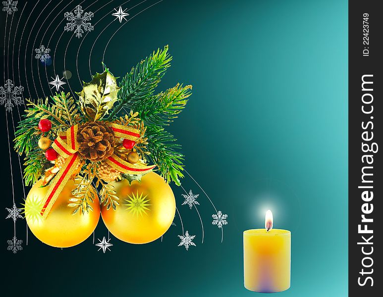 Golden balls, cone spruce,  and sprigs to decorate and candles burning for Christmas, against a green-blue background. Golden balls, cone spruce,  and sprigs to decorate and candles burning for Christmas, against a green-blue background