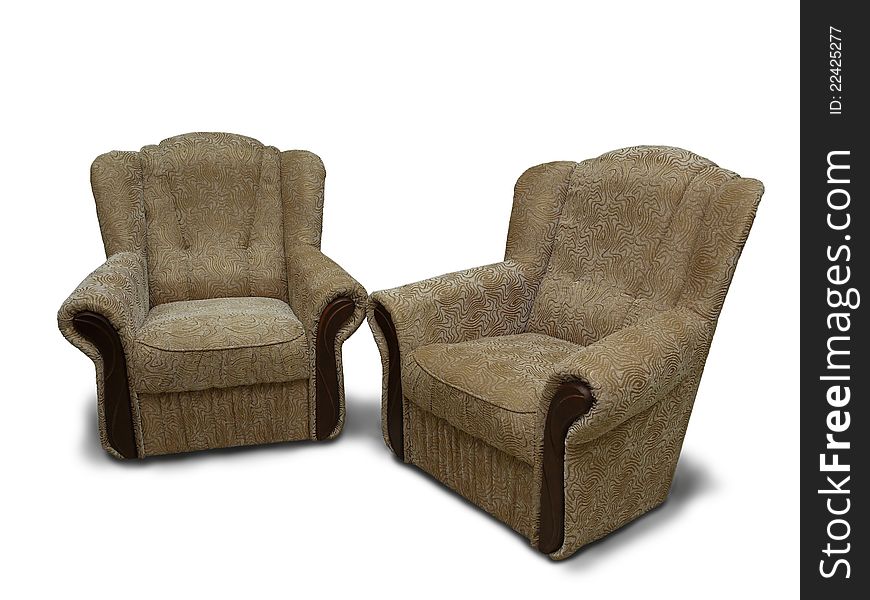 Two large soft brown armchairs on white background. Two large soft brown armchairs on white background