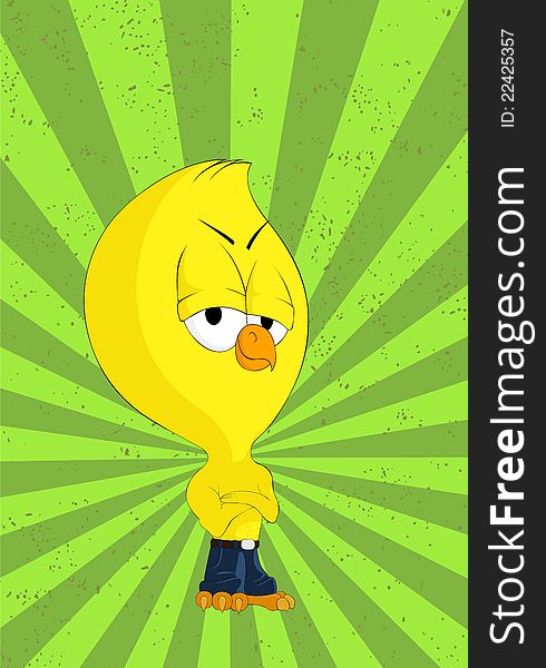Cartoon chick in pants on green background