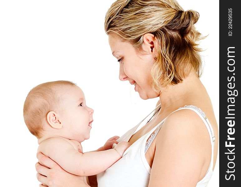 Portrait of loving mother and her child on white background. Portrait of loving mother and her child on white background