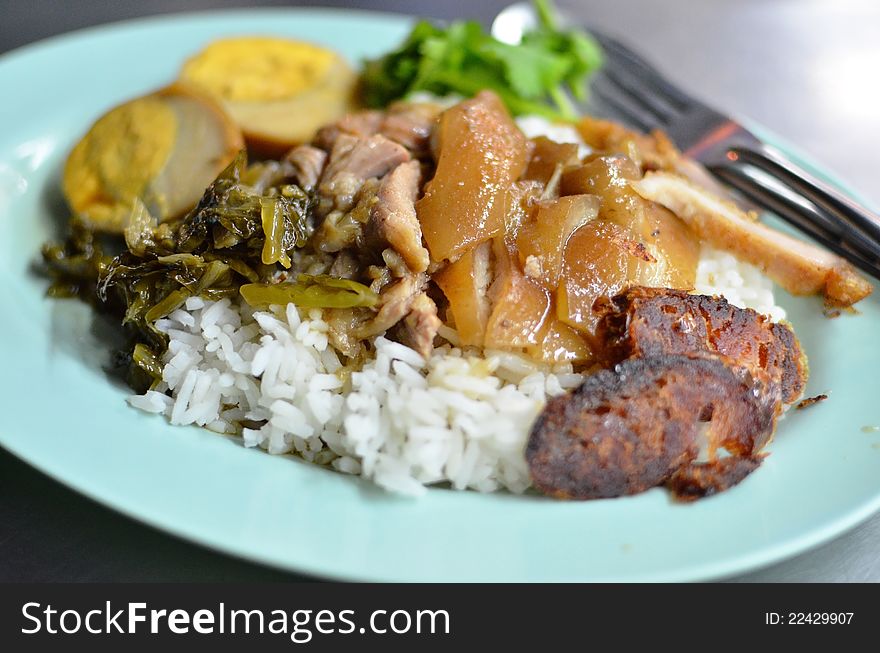 Teriyaki pork with rice ,egg and vegetables , Asian style food. Teriyaki pork with rice ,egg and vegetables , Asian style food