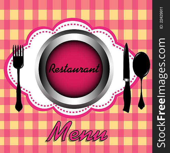 Abstract colorful restaurant menu design with plate, fork, spoon and knife