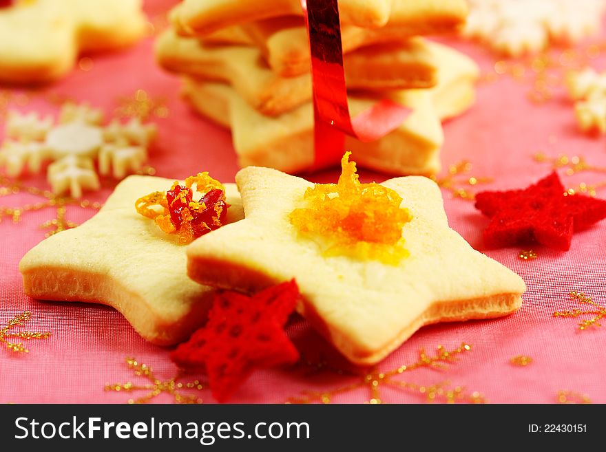 Shortbread Christmas cookies on red background