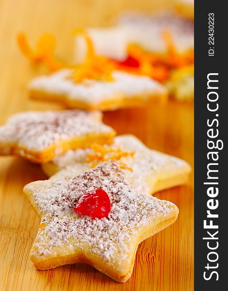 Shortbread Christmas cookies on wooden Christmas