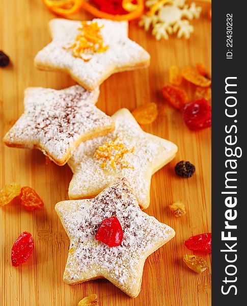 Shortbread Christmas cookies on wooden background