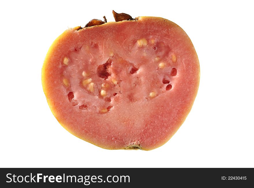 Sliced half pink flesh ripe guava isolated on white