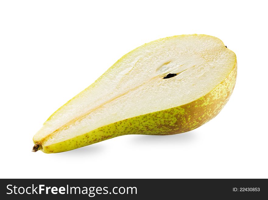 Half of green juicy pear on white background. Half of green juicy pear on white background