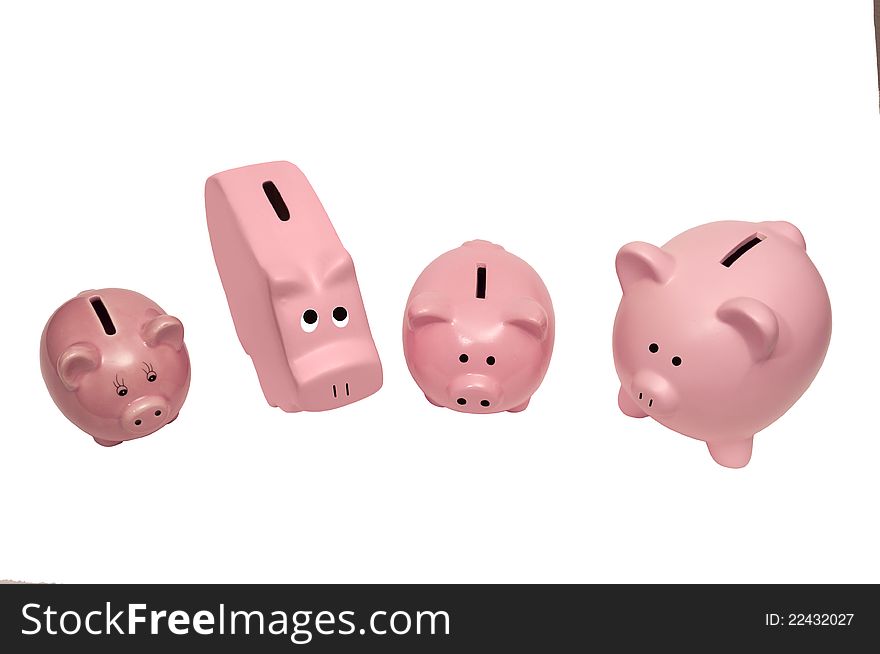 Here shows different kinds of piggy banks.  Isolated on white.