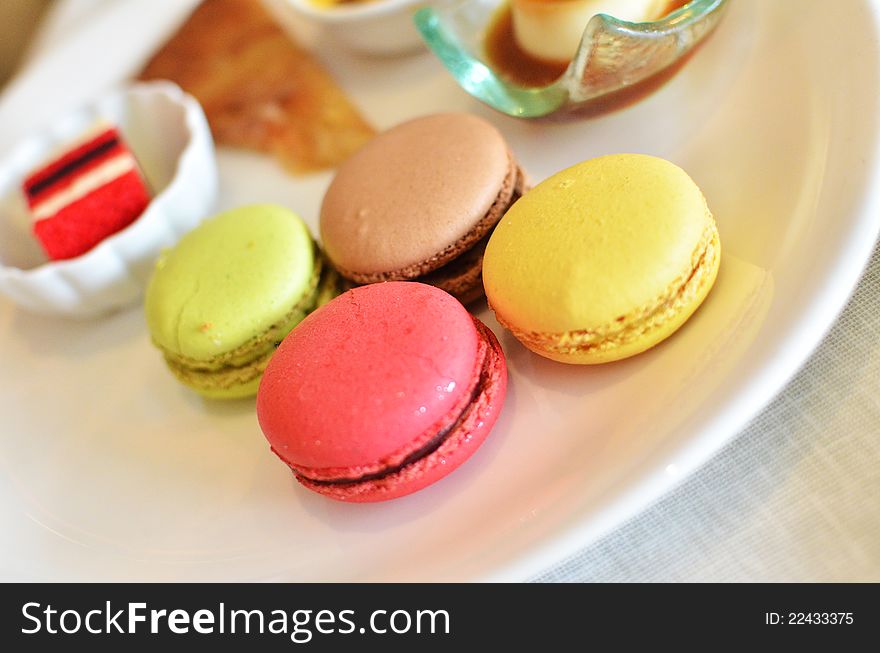 Colorful macaroons in launch buffet food set