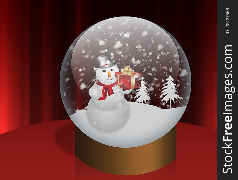 Happy snowman holding gift box in Snow Globe.