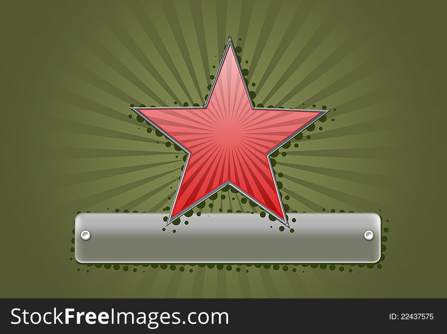 Big red star on green background and metal lable