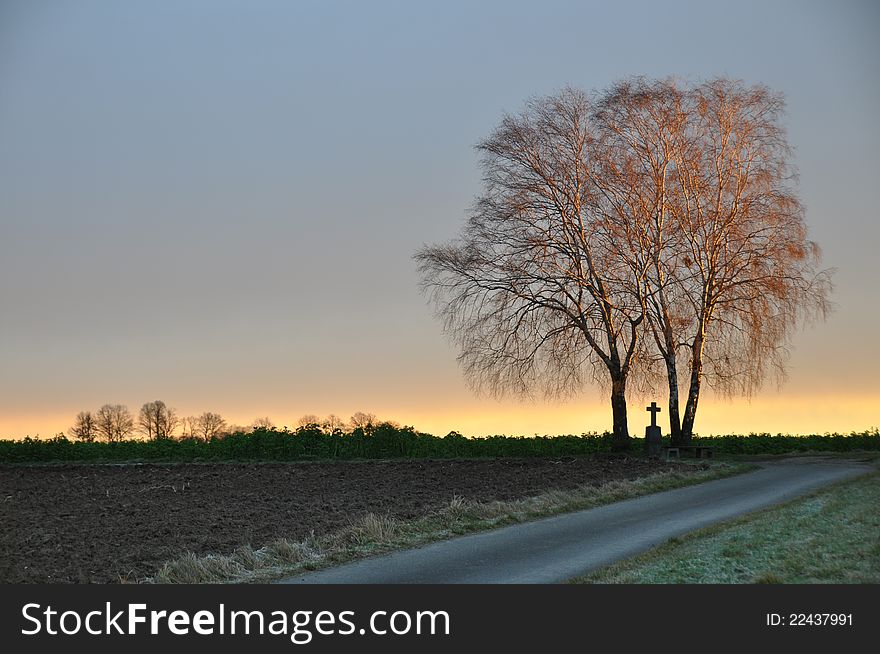Lonesome trees with cross at sunrise