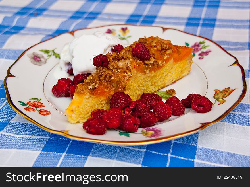 Apricot cake with rasberries and vanilla ice-cream. Apricot cake with rasberries and vanilla ice-cream