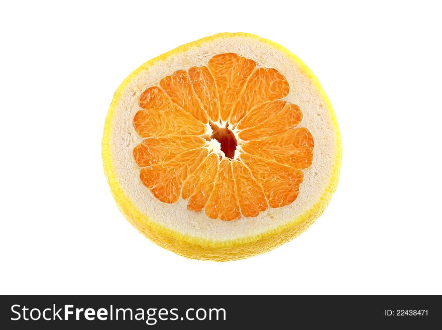 Closeup photo of White Grapefruit cut in half, isolated on white background