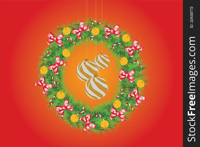 Christmas wreath with hand bells, bows, sugar candies and spheres on a red-yellow background