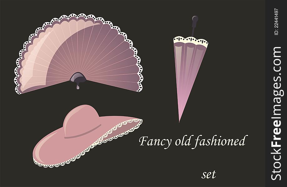 Fancy old fashioned set of accessories, purple fan, hat and umbrella