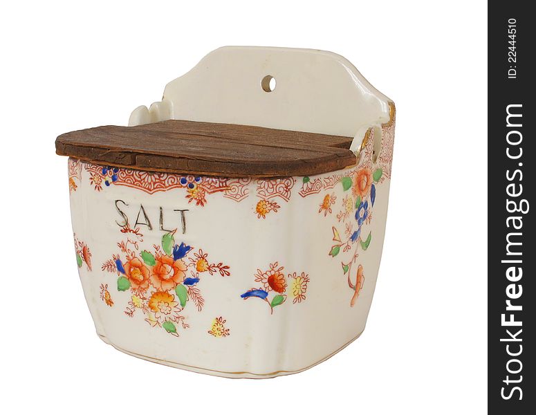 Vintage porcelain decorated salt container with lid. Isolated on white. Vintage porcelain decorated salt container with lid. Isolated on white.