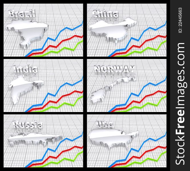 3D maps with a graphic chart in silver style. 3D maps with a graphic chart in silver style