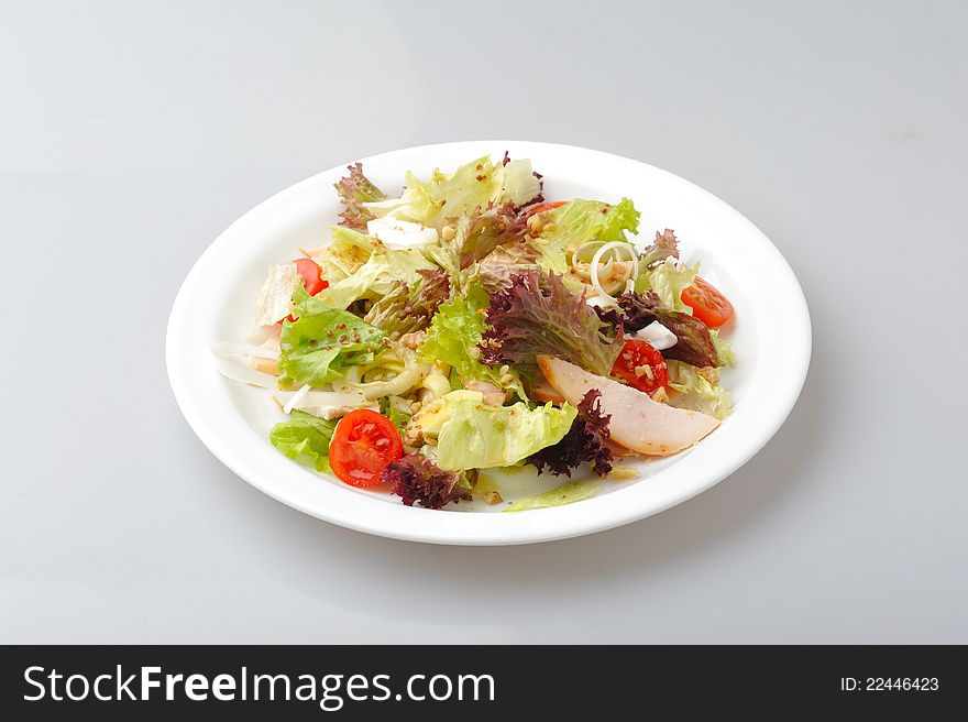 Vegatables and smoked chiken salad with cherry tomatos. Vegatables and smoked chiken salad with cherry tomatos