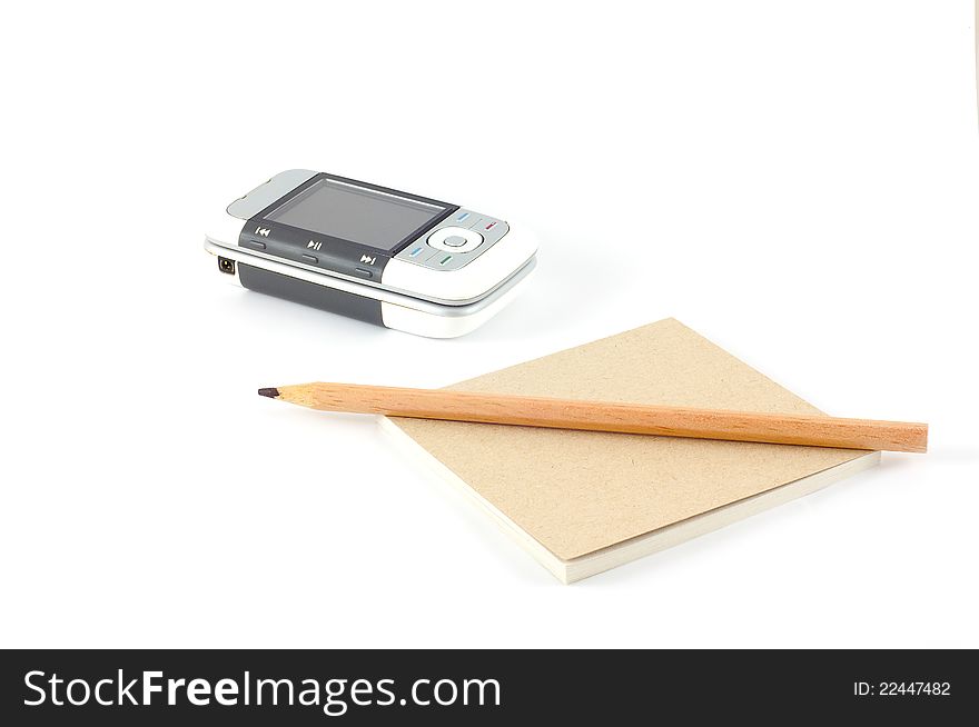 Office set with block of papers, pen and mobile phone on white background.